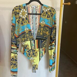 Fashion Nova Yellow and Blue Asymmetrical Bodysuit